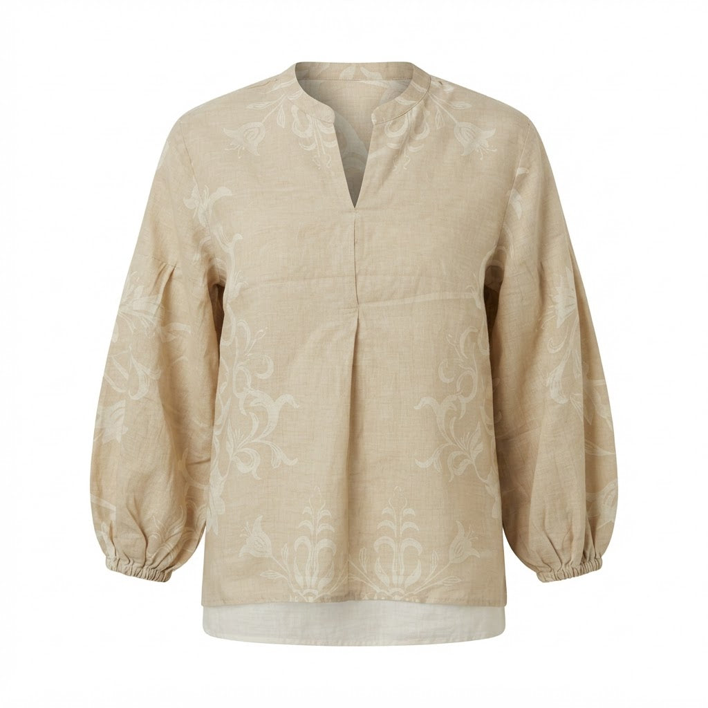 ZARA Women's Beige Long-Sleeve Linen-Blend Floral Damask Tun