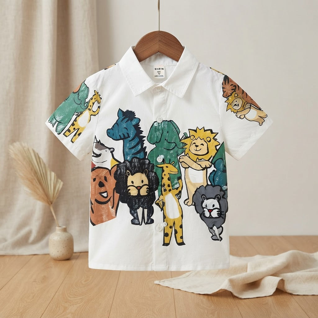 SHEIN White Short-Sleeve Safari Animal Print Kids Shirt