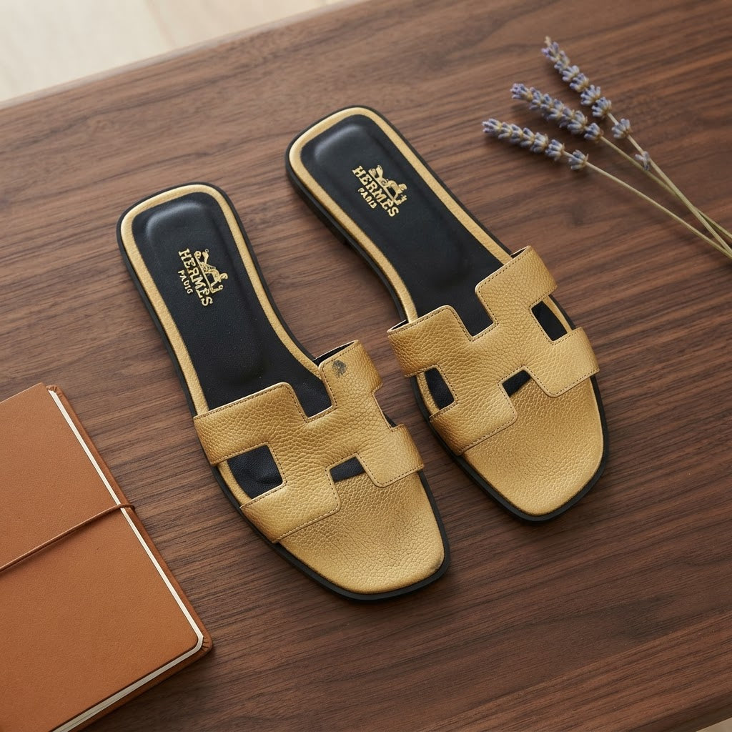HERMÈS Brown Pebbled Leather H-Strap Flat Sandals