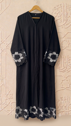 Black Floral Lace Crepe Abaya Long Robe