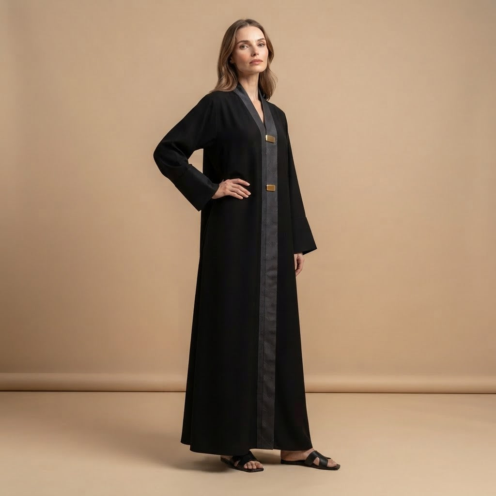 Women's Black Abaya with Gold Hardware & Patterned Trim