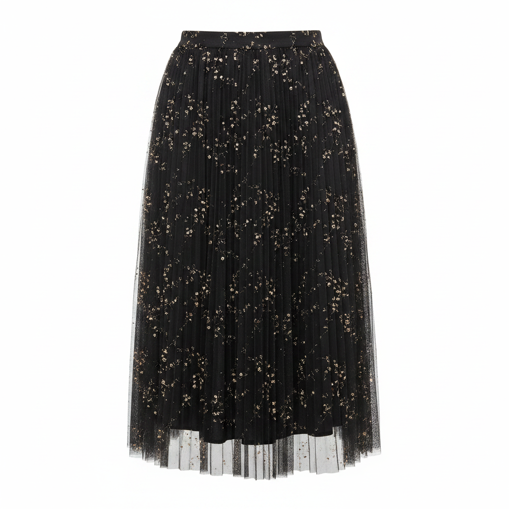 femi9 Women's Black Metallic Floral Pleated Tulle Skirt