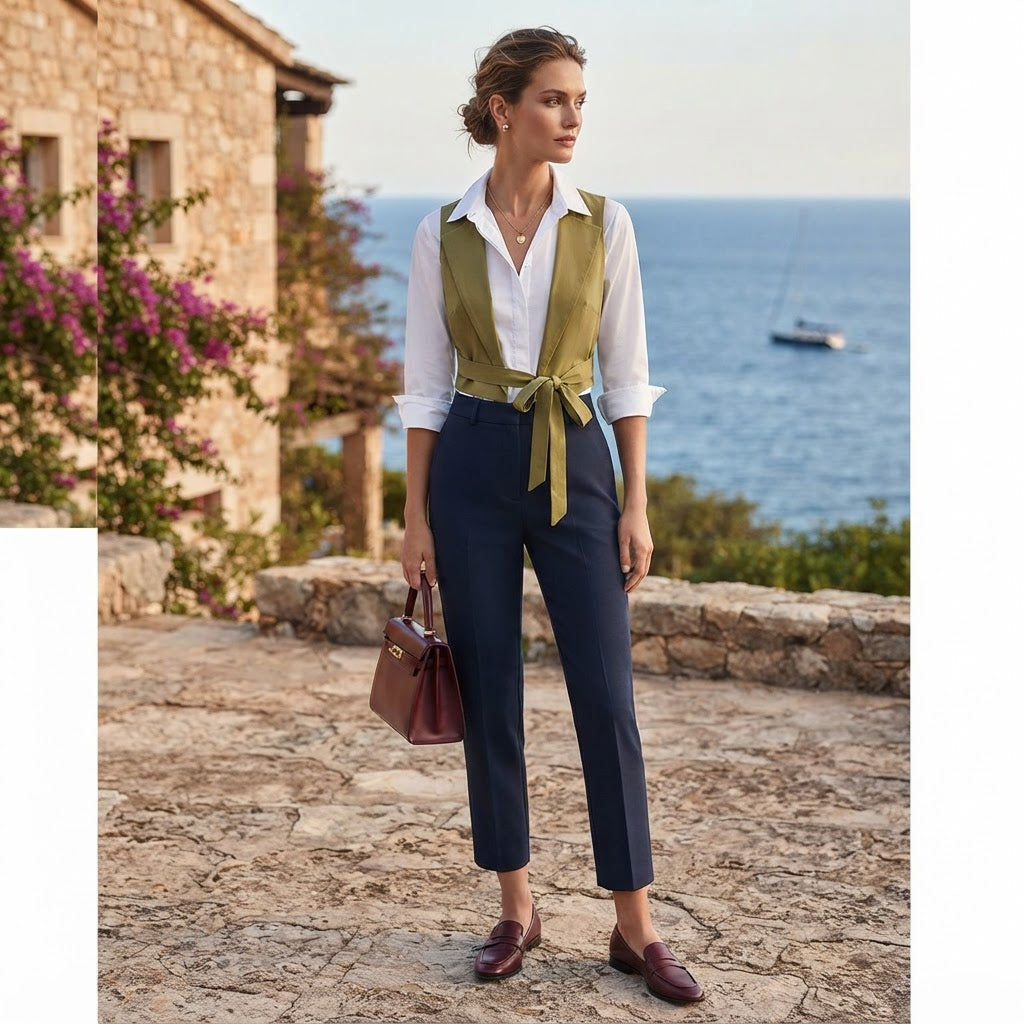 SHEIN Women's White Layered Shirt with Olive white Tie-Waist