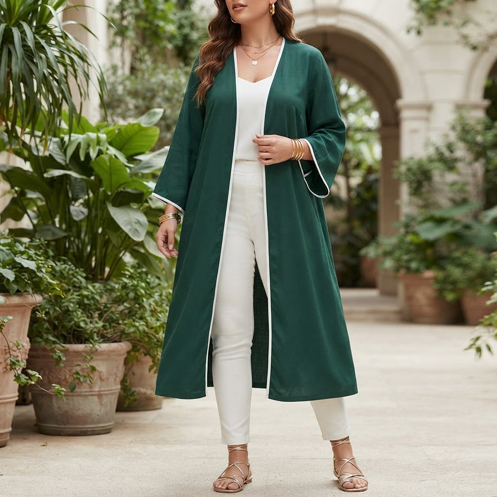 SHEIN Women's Dark Green Open-Front Abaya with dark green Pi