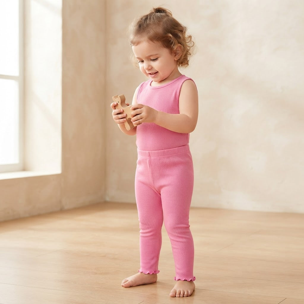 SHEIN Pink Ribbed Lettuce Hem Leggings - SHEIN 12-18M