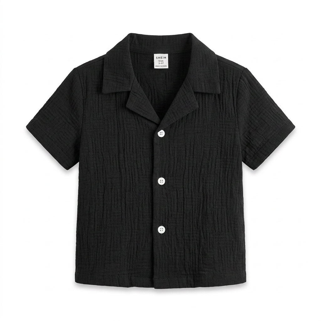 SHEIN SHEIN Black Crinkle Gauze Camp Collar Toddler Shirt