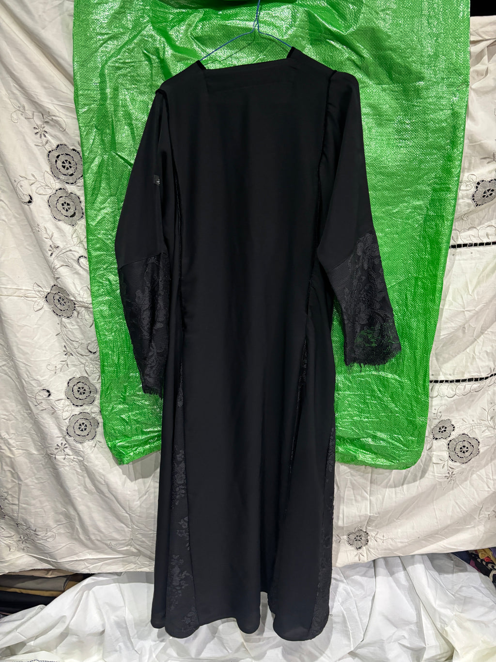 Black Open-Front Abaya with Floral Lace Cuffs and
