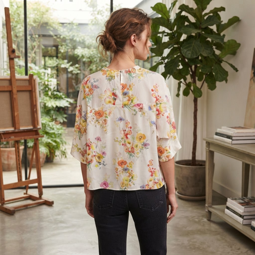 Women's White Floral Short Sleeve Relaxed Blouse