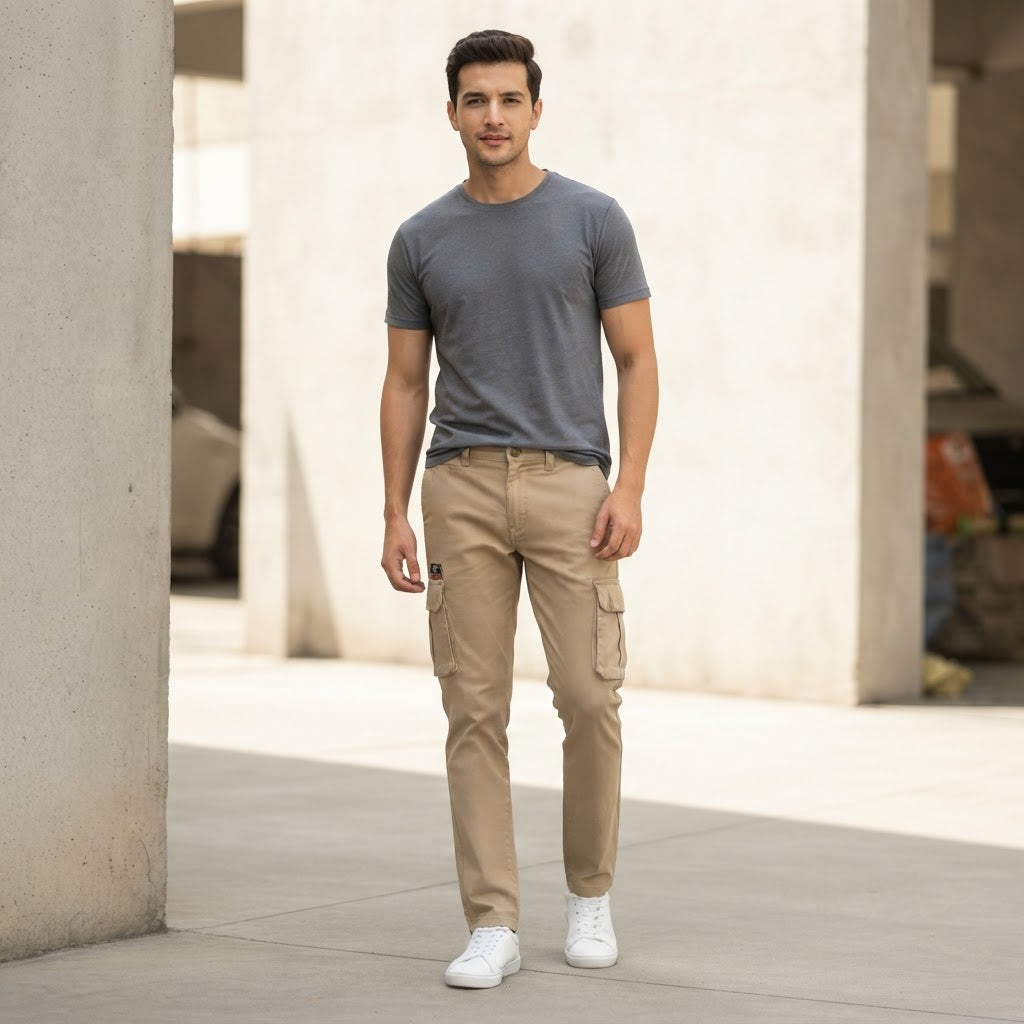 FINEROSE VIP Khaki Slim Fit Multi-Pocket Cargo Trousers