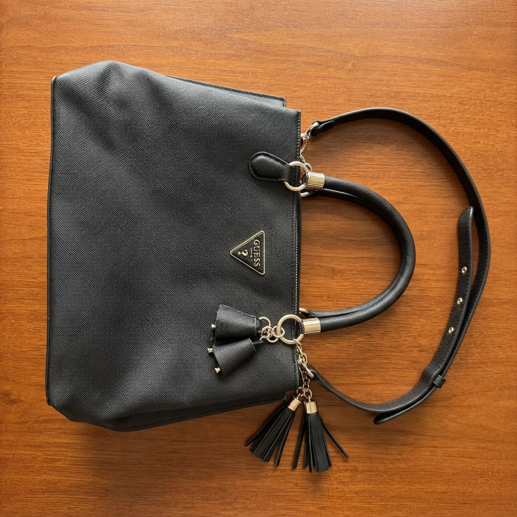 GUESS EST.1981 Black Structured Grained Leather Top-Handle T