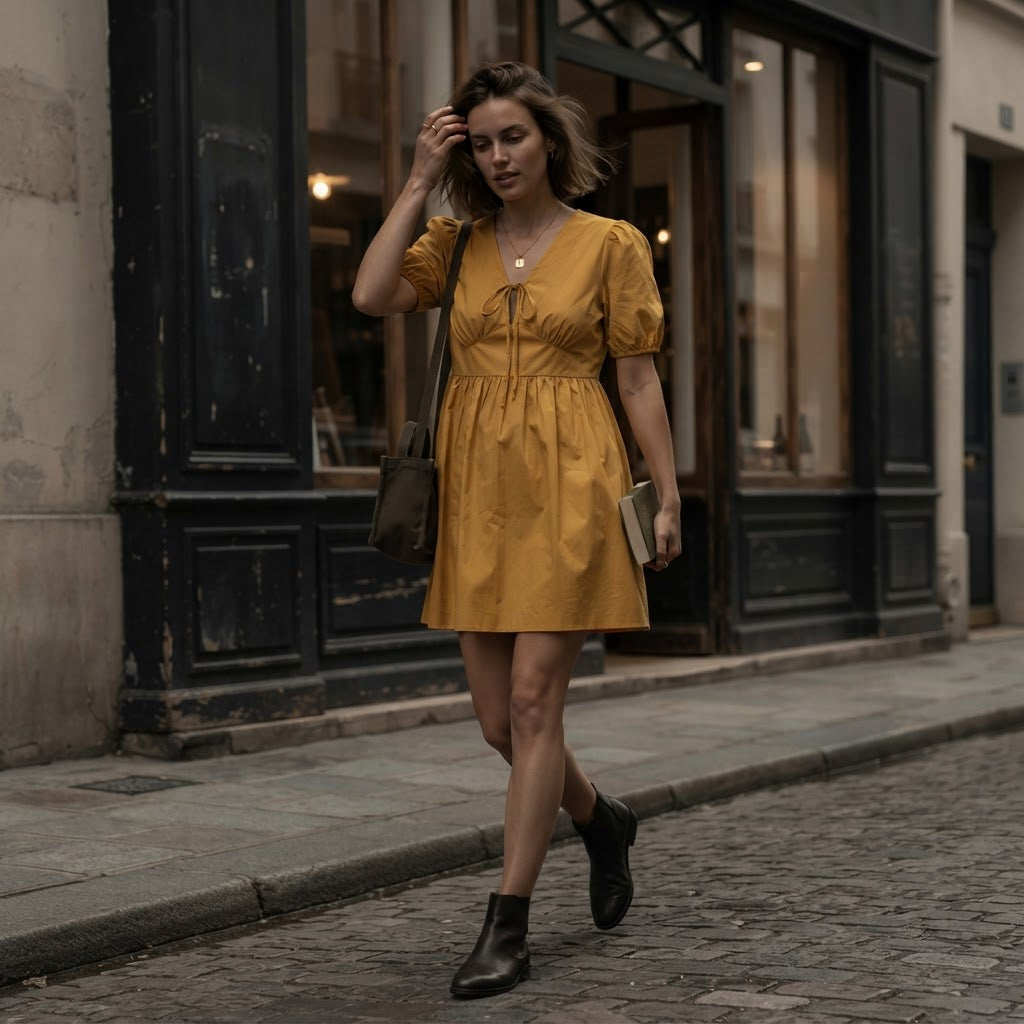 SHEIN Mustard Yellow Lace-Up Mini Baby-Doll Dress