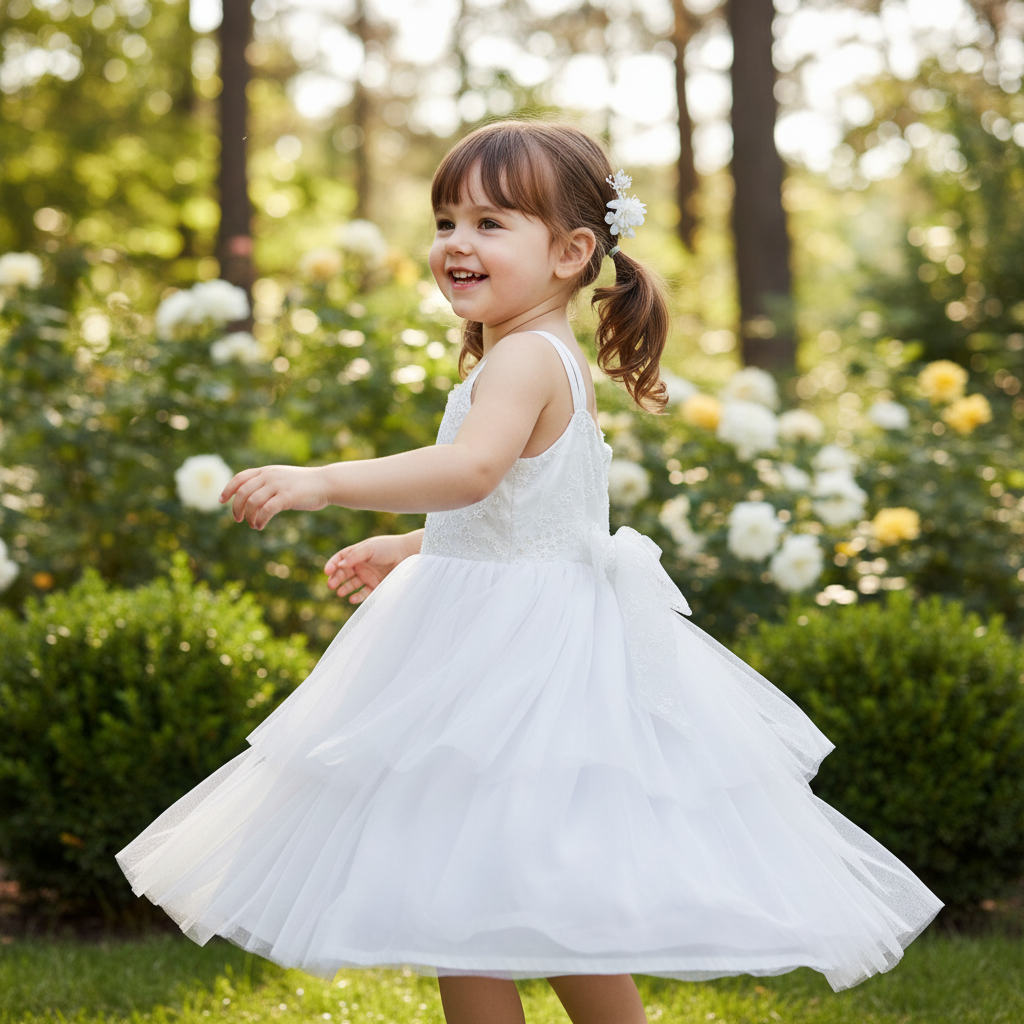 ABEILLE Kids White Embroidered Tulle Party Dress with Bows