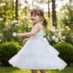 ABEILLE Kids White Embroidered Tulle Party Dress with Bows