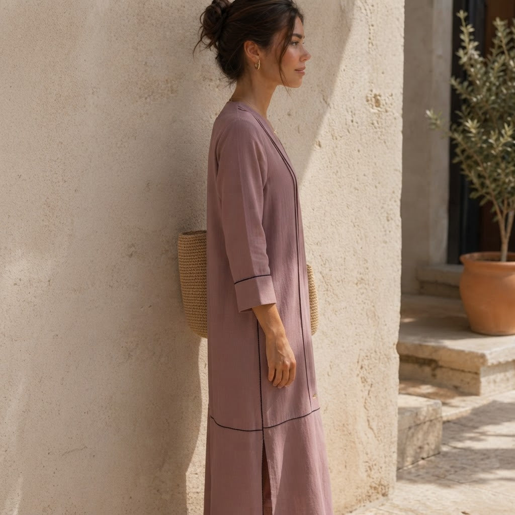 Strive Dusty Mauve Long Kurta with Scalloped Black Trimmed H