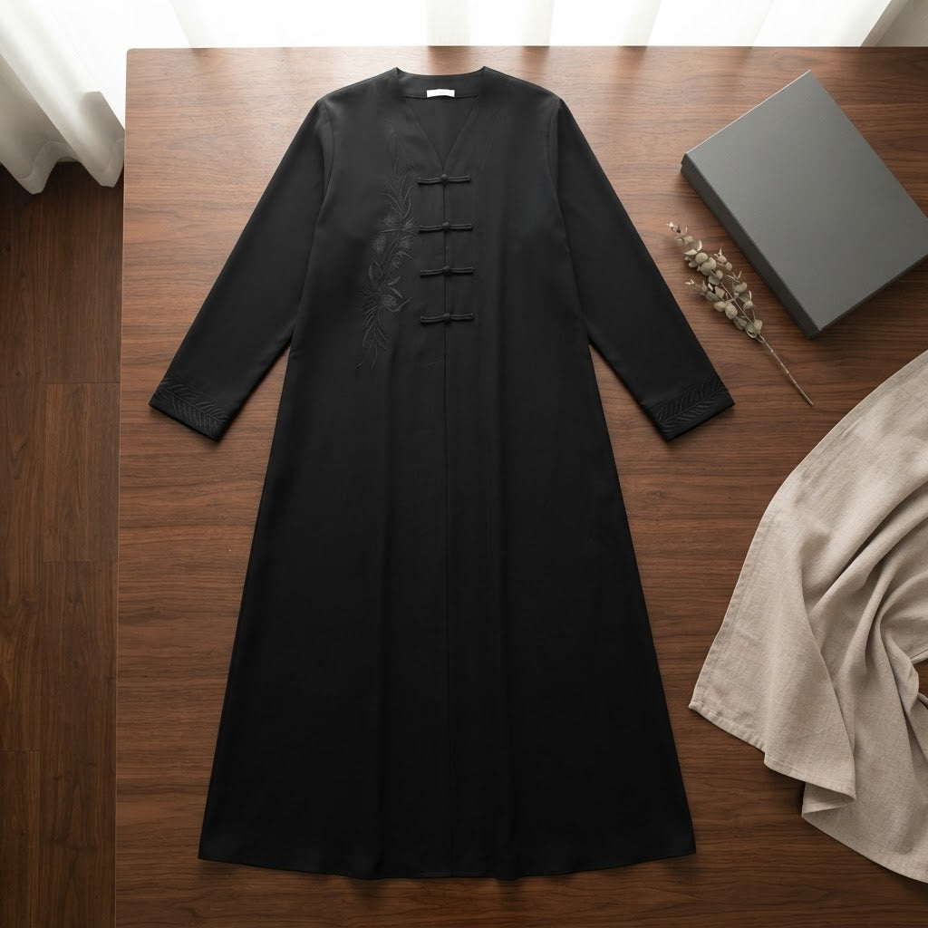 represent Black Embroidered Abaya with Tonal Frog-Knot Closu