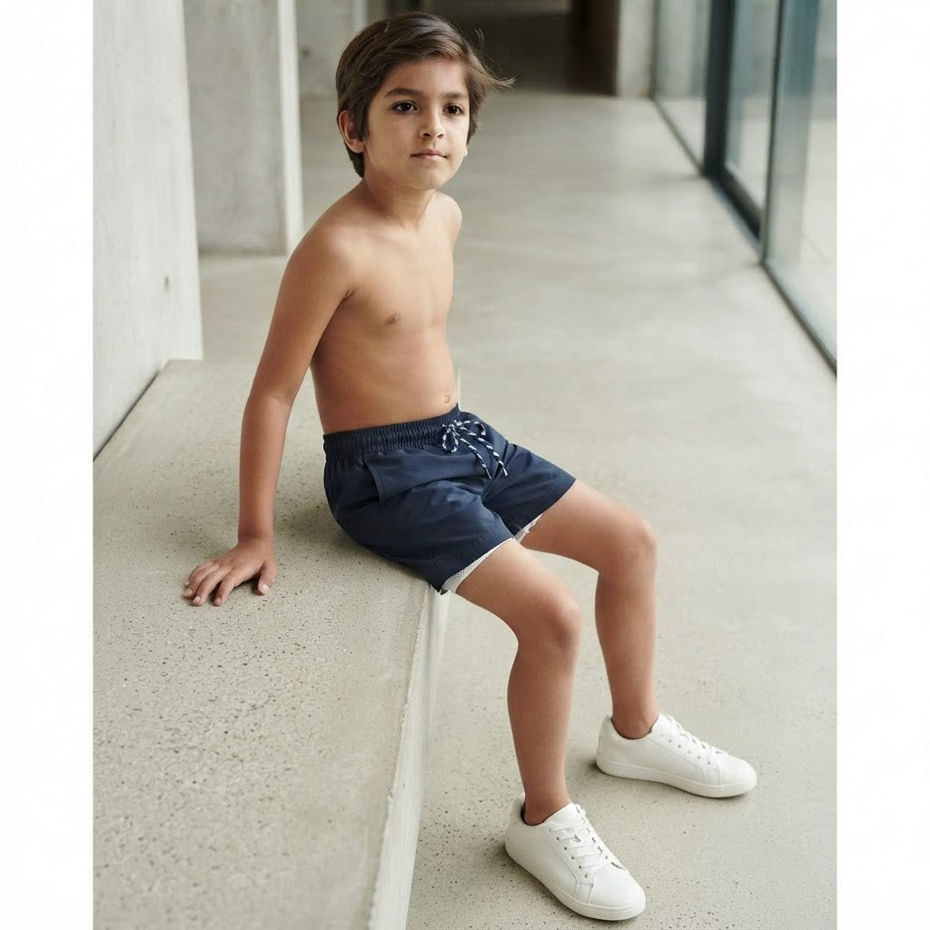[WearU Generated:campaign_2] Navy Polyester Solid Wide-leg Shorts – detail view