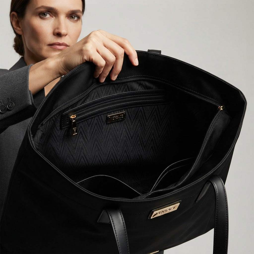 VERSACE parfums Large Black Nylon Shoulder Tote with Gold Pl