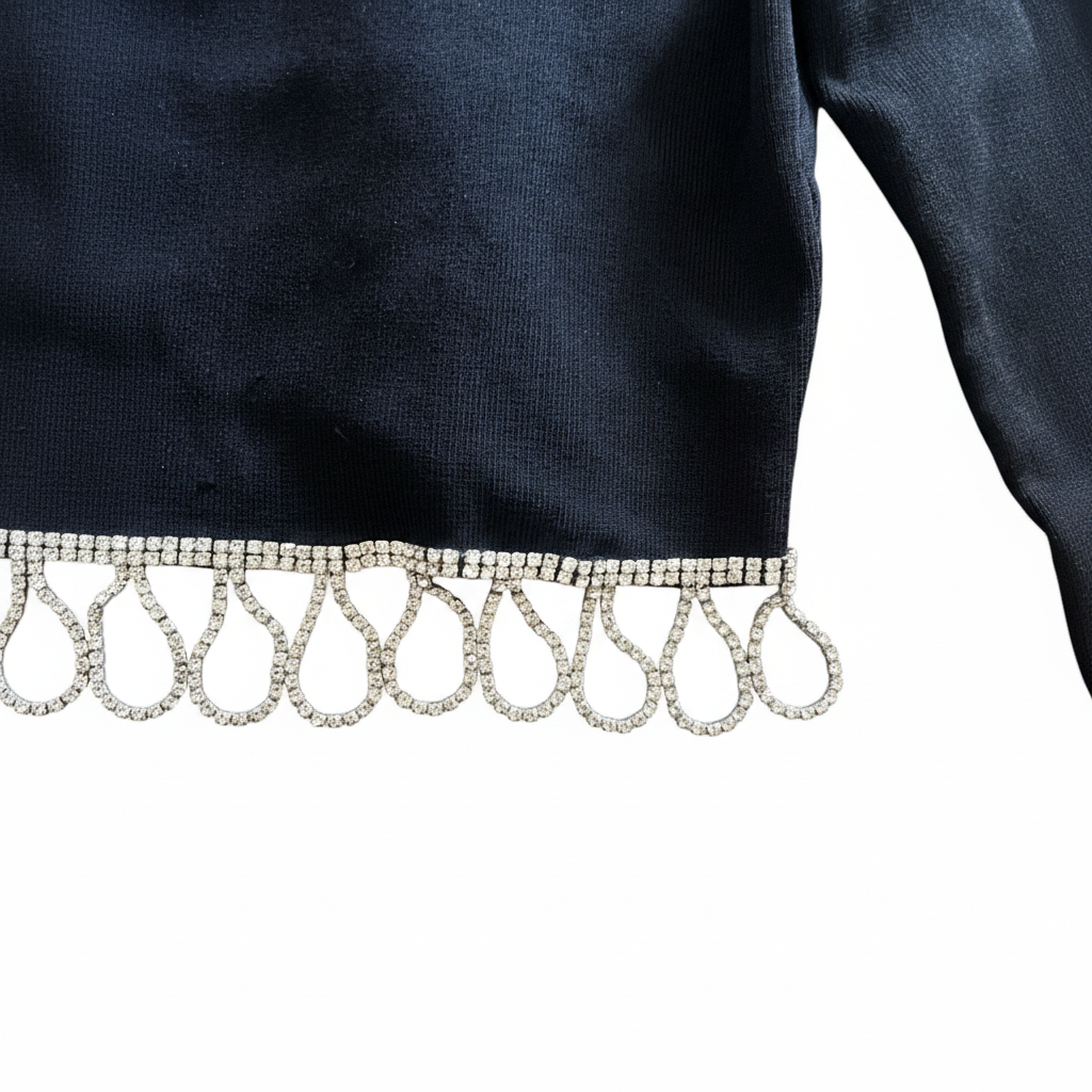 Bershka Black Rhinestone Fringe Cropped Long Sleeve Top
