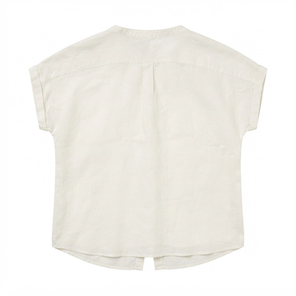 C&A Women's White Collarless Short Sleeve Linen Shirt