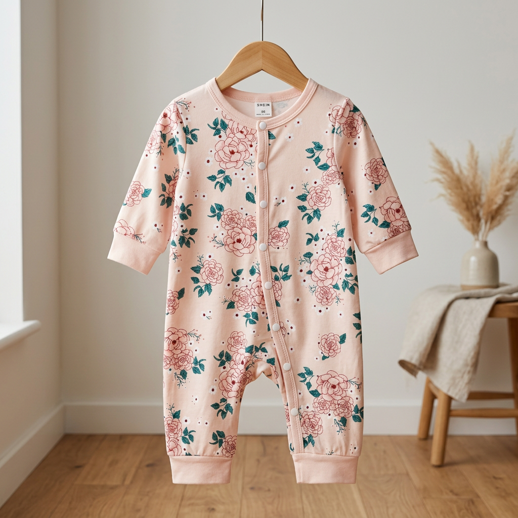 SHEIN Pale Blush Pink Floral Long-Sleeve Baby Romper