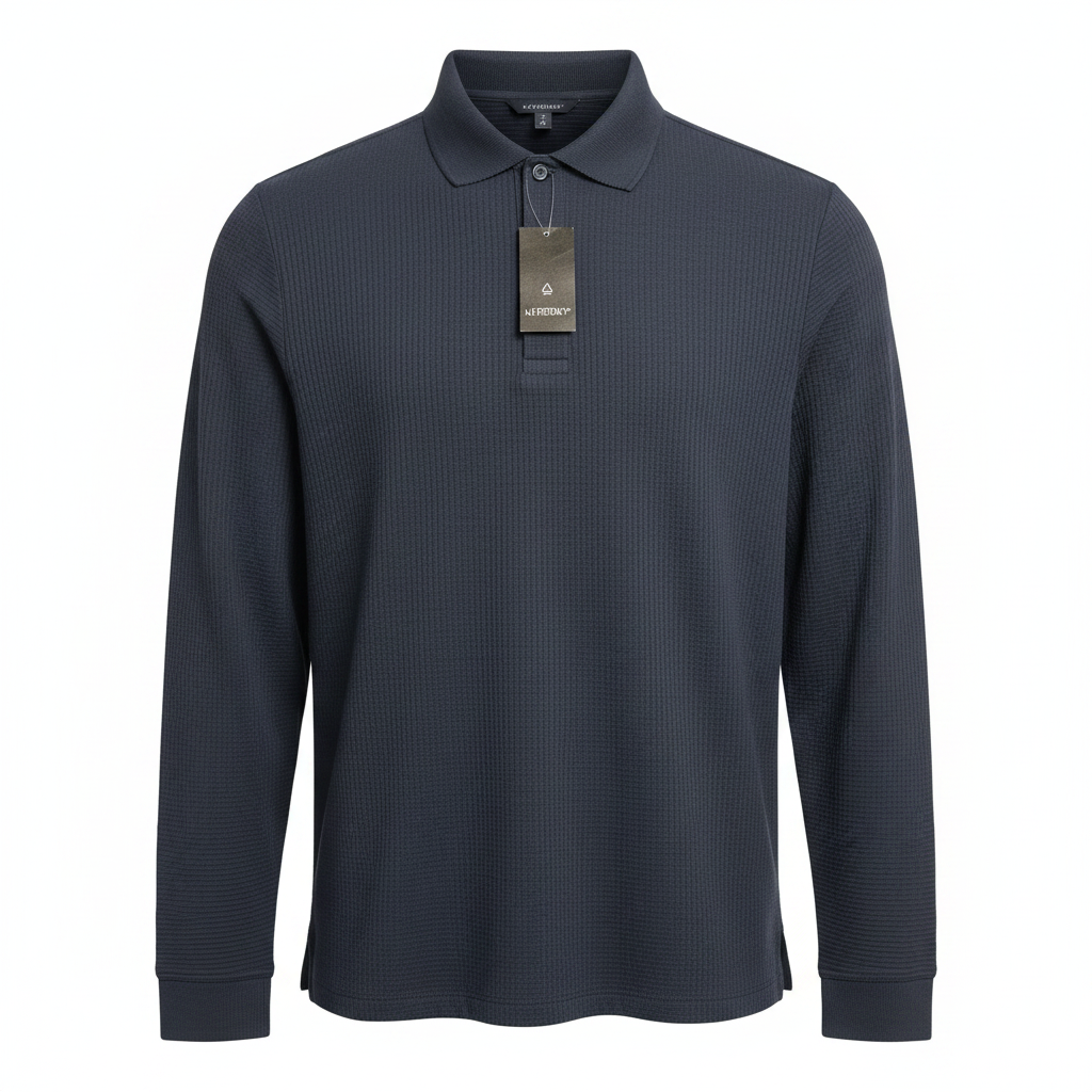 Livergy Men's Navy Blue Ribbed Long-Sleeve Polo Shirt