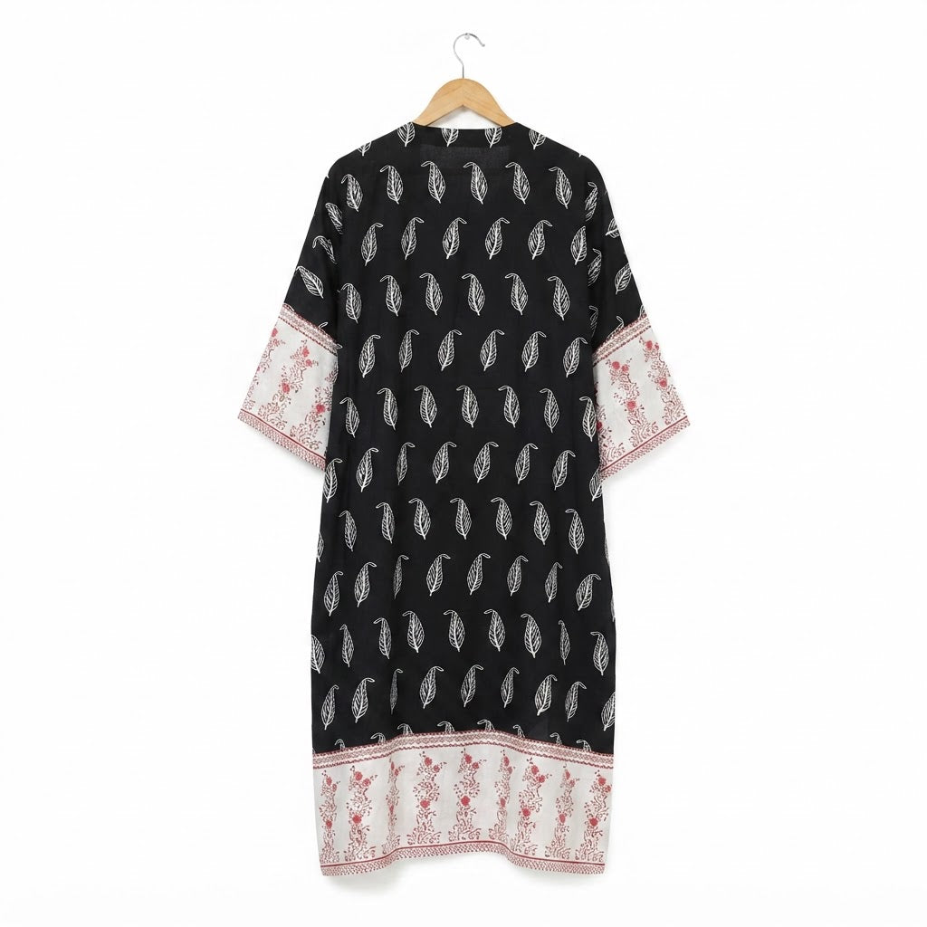 SHEIN Women's Black & black Leaf Print Open-Front Kimono Abaya