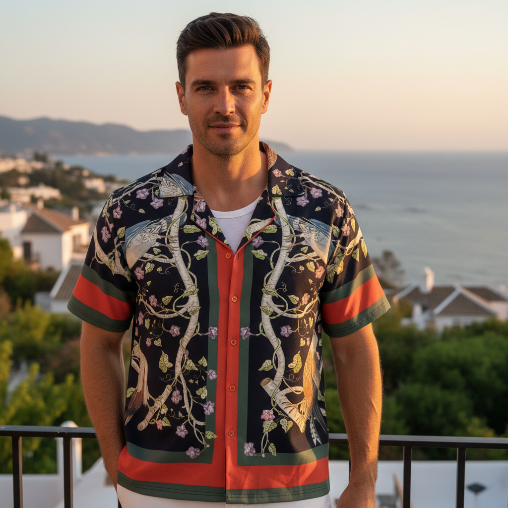 GUCCI Men's Black Bird & Floral Print Camp Collar Shirt