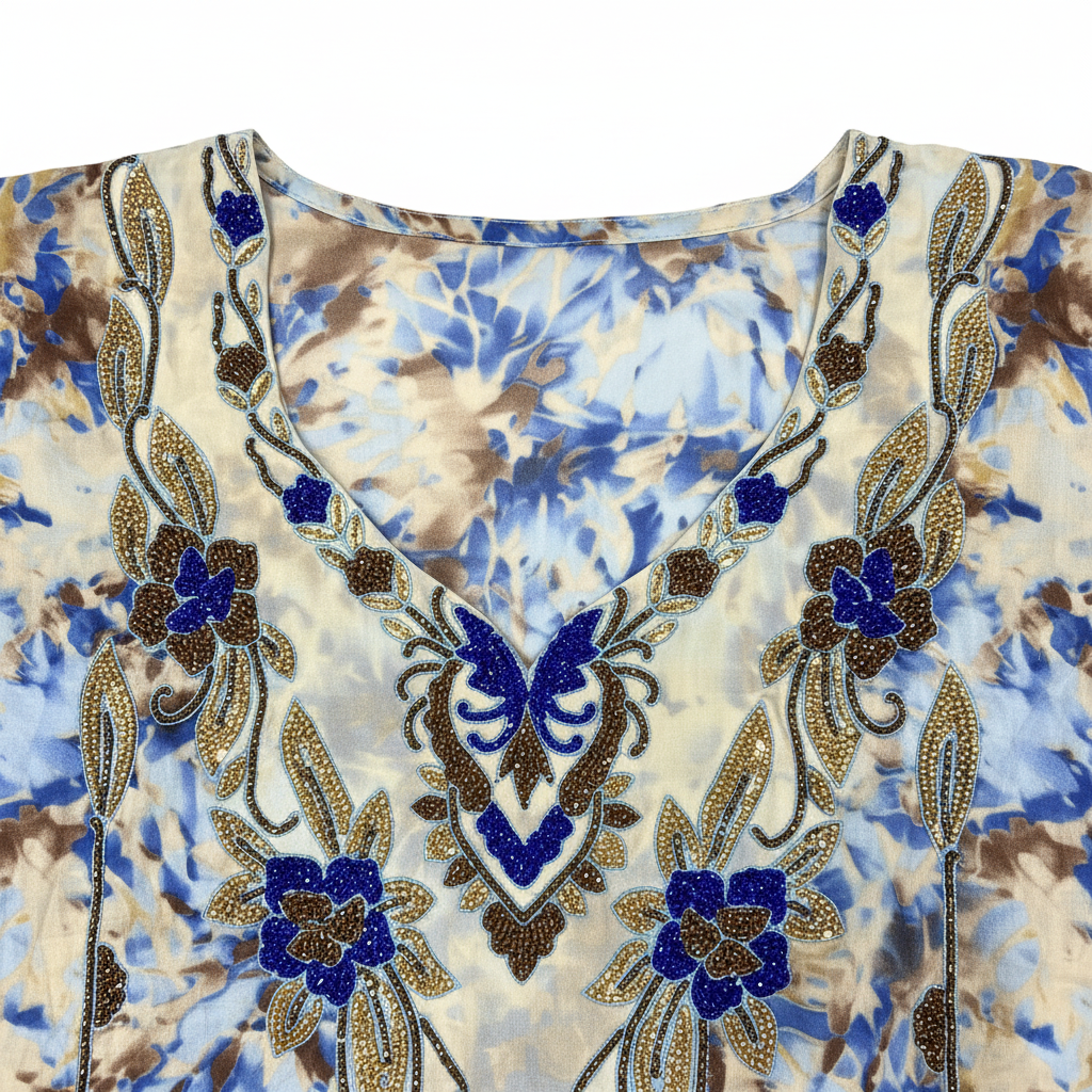 Women's Beaded Tie-Dye Maxi Kaftan Dress - Blue/Brown