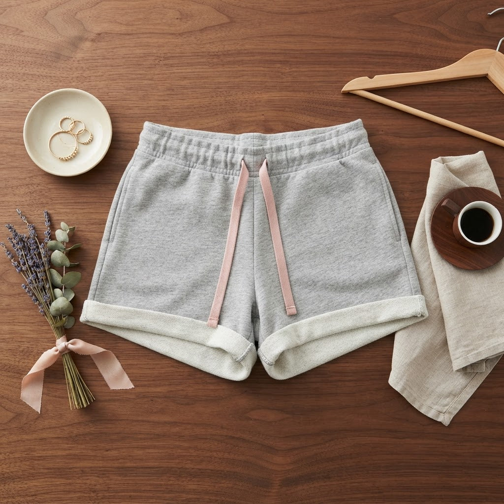 Heather Grey Jersey Lounge Shorts with Peach Drawstring