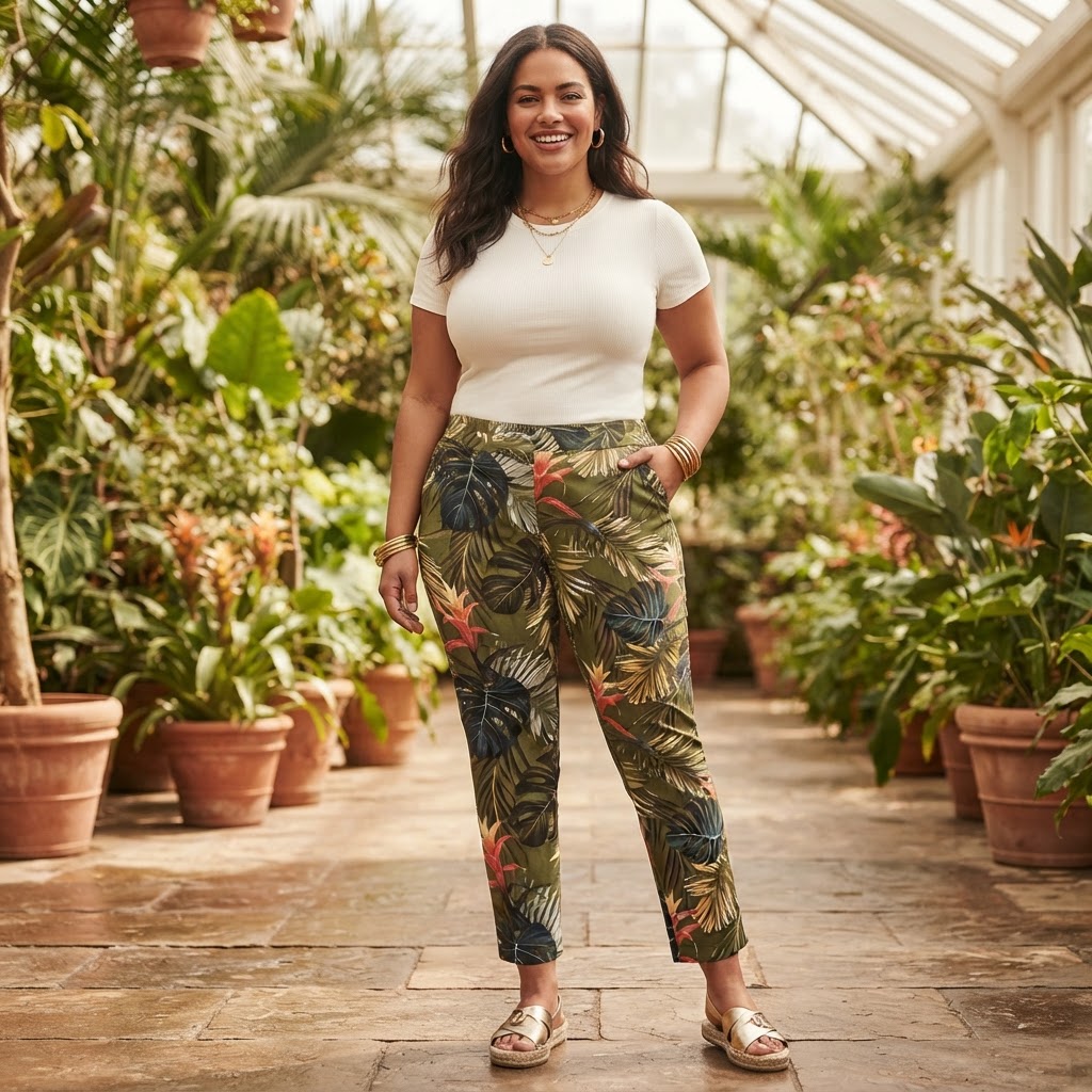 Women's Olive Green Tropical Print Trousers