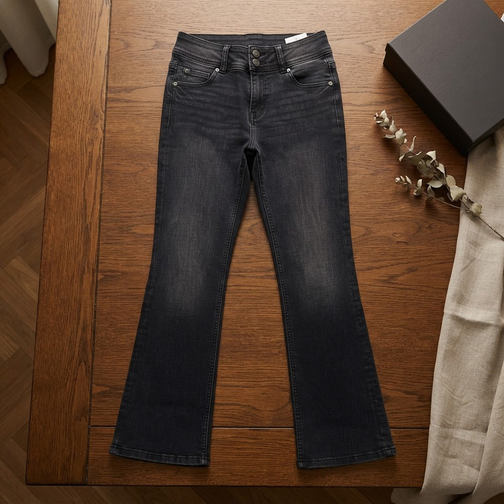 Bershka Washed Black Flare Jeans with Chevron Pocket Detail