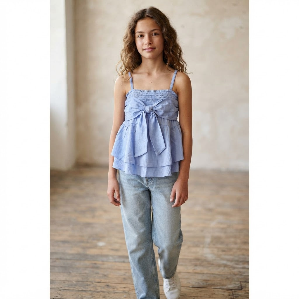 SHEIN Periwinkle Blue Smocked Ruffle Top with Front Bow