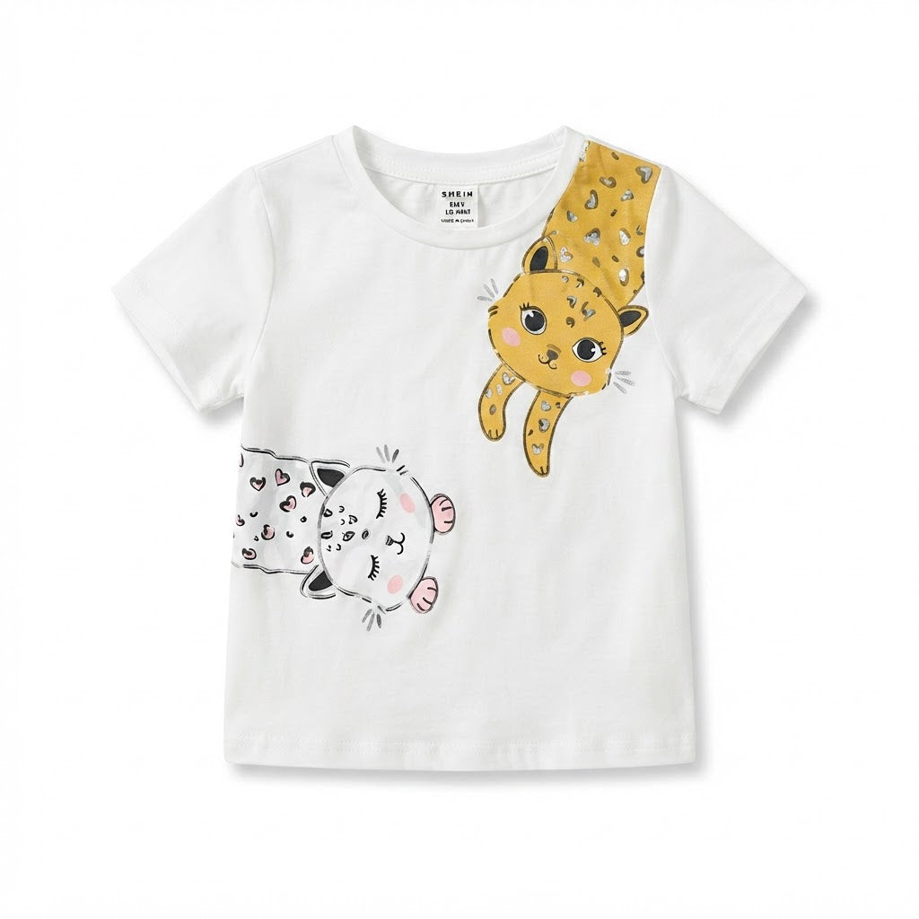 SHEIN White Short-Sleeve Kawaii Animal Graphic T-Shirt