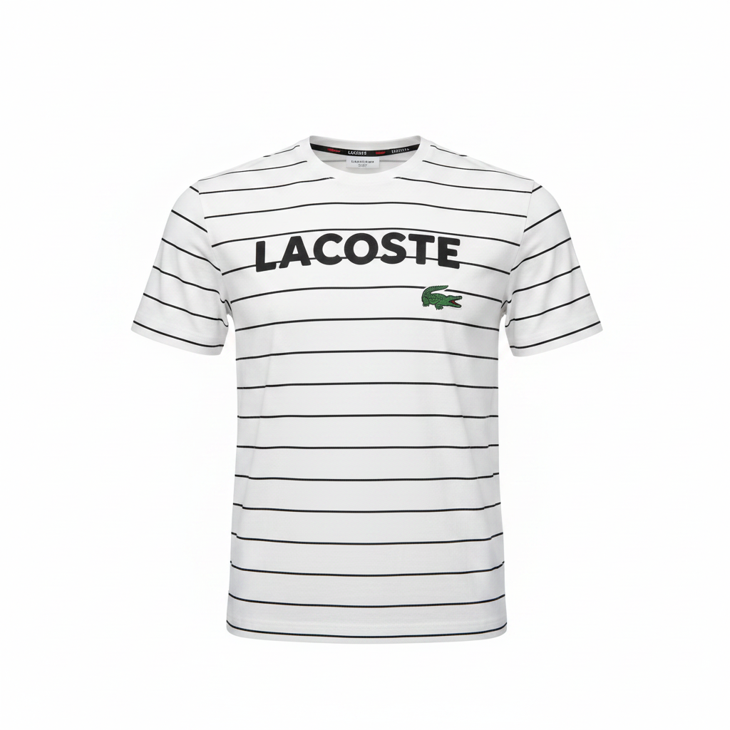 LACOSTE Women's White Striped Short-Sleeve Logo T-Shirt