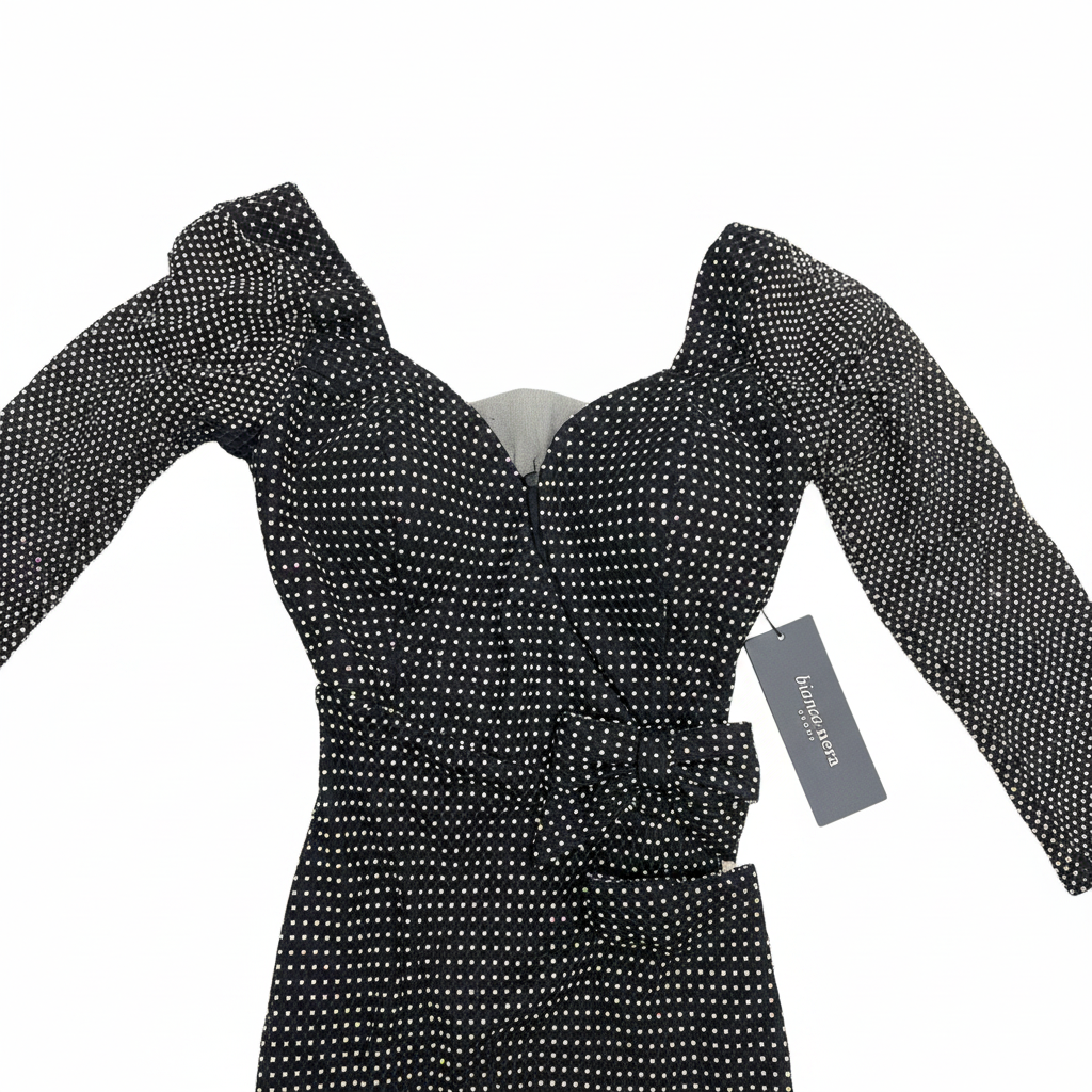 Bianca Nera Black Rhinestone Long Sleeve Evening Gown