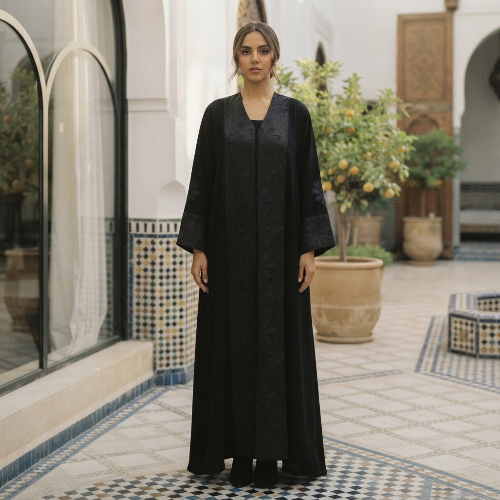 Black Embroidered Tonal Panel Kaftan Abaya