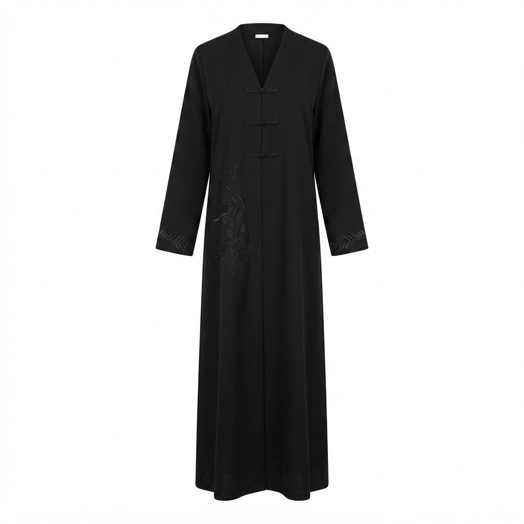 represent Black Embroidered Abaya with Tonal Frog-Knot Closu