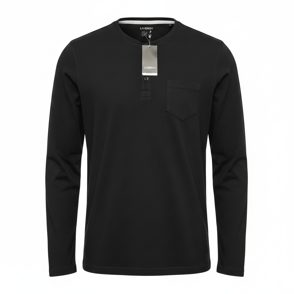Livergy Men's Black Long Sleeve Henley T-Shirt Size Large