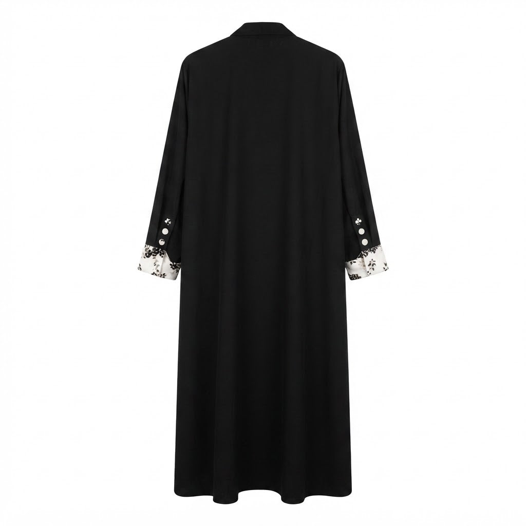 Women's Black and Silver Floral Patterned Long Abaya