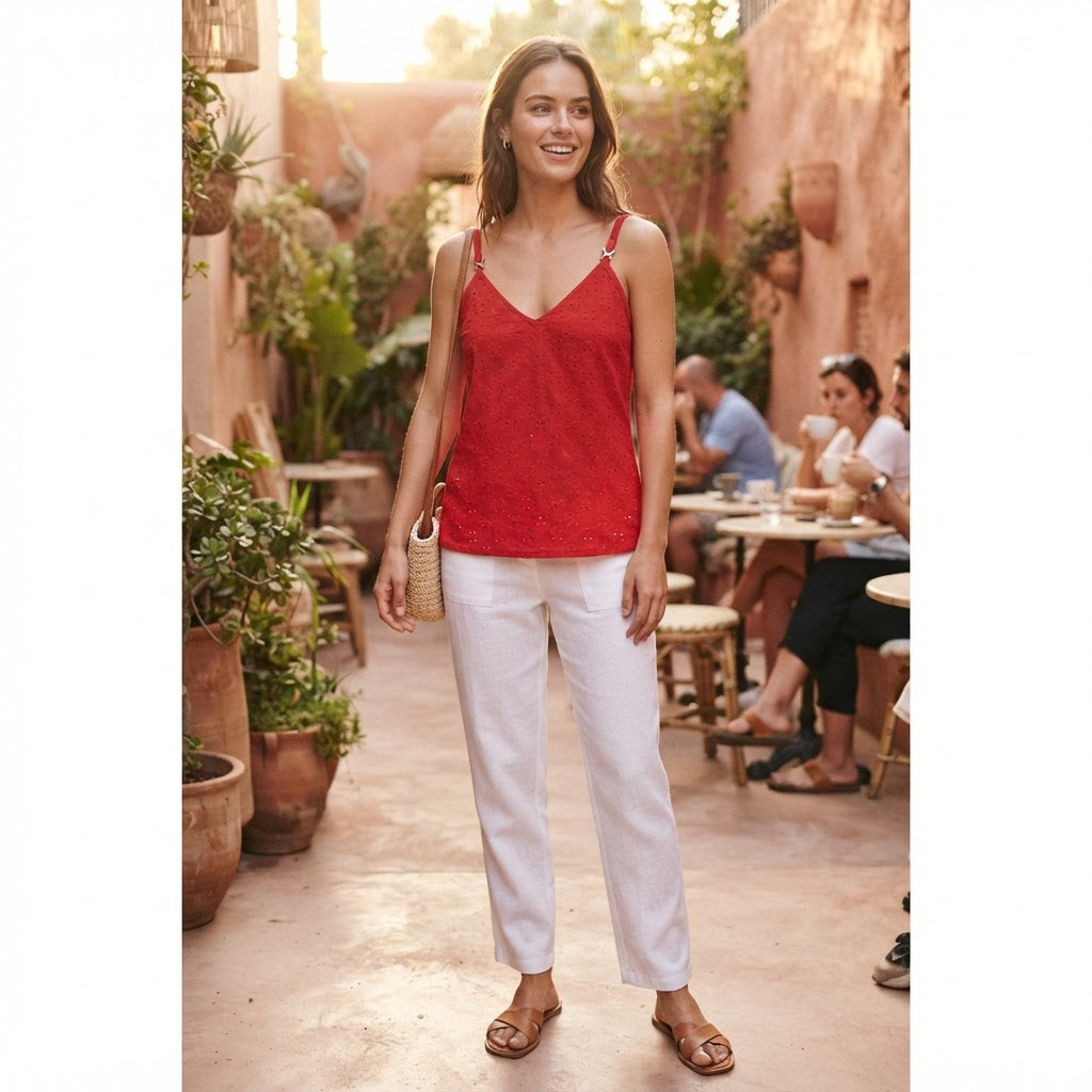 Women's Red Eyelet Embroidered Camisole Tank Top