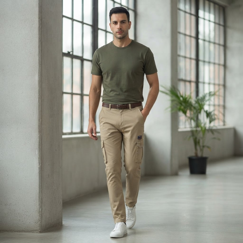 FINE ROSE Khaki Slim-Tapered Multi-Pocket Cargo Trousers
