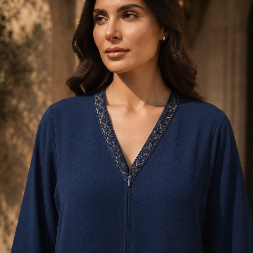 represent Navy Blue Floor-Length Abaya with Geometric Trim