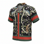 GUCCI Men's Black Bird & Floral Print Camp Collar Shirt