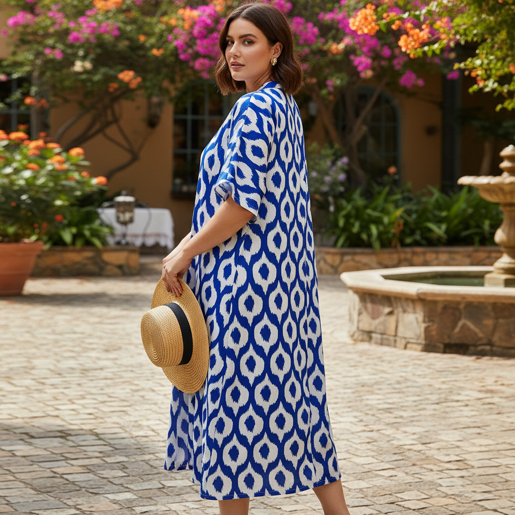 SHEIN Women's Blue and White Geometric Print Maxi Kimono