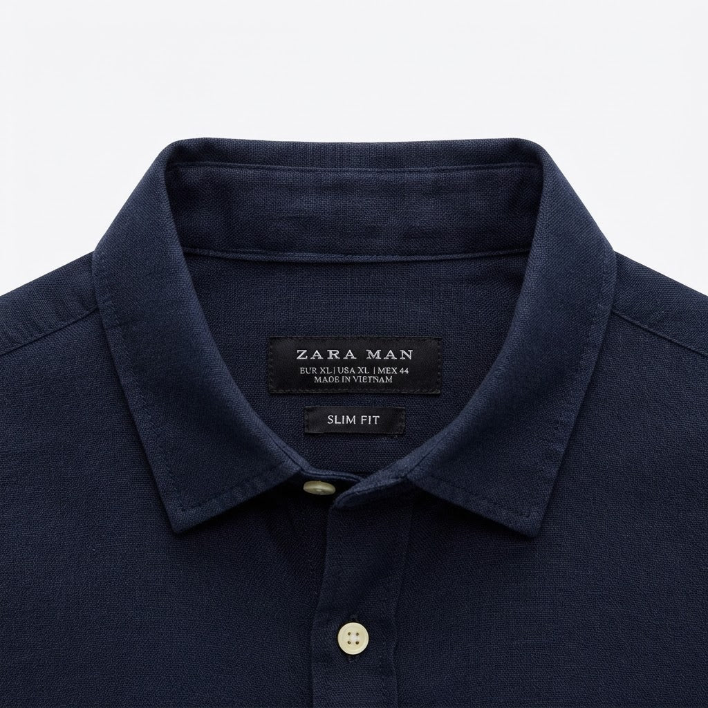 ZARA MAN Men's Blue Linen Mandarin Collar Tailored Shirt