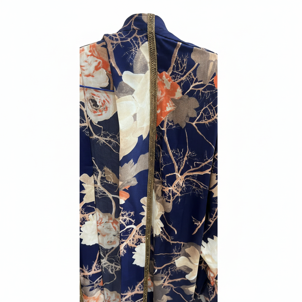Navy Blue Floral Open Front Long Kimono Robe