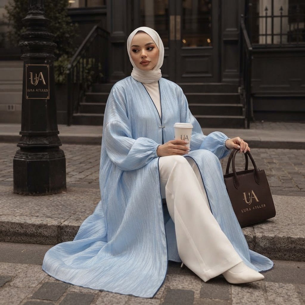 Powder Blue Crinkle Organza Floor-Length Abaya Dress