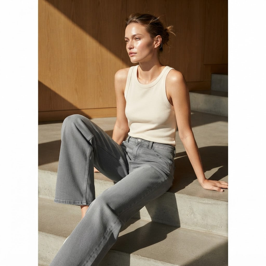 Mango Medium Grey Wide Leg Jeans with Curved Waistband