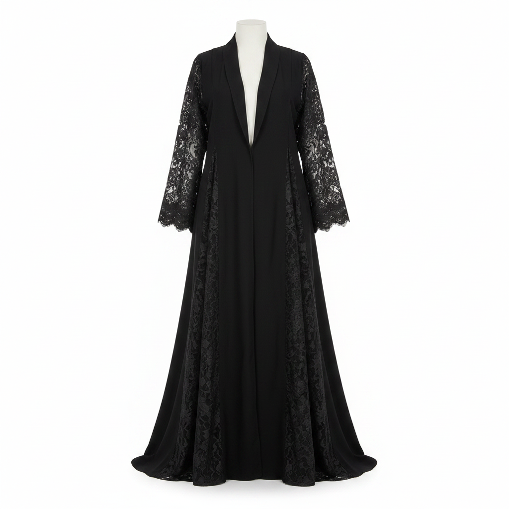 Elegant Black Abaya with Lace Panels and Sequins