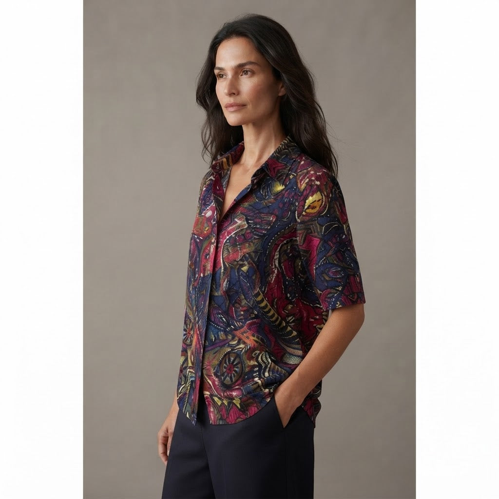 SHEIN Navy Multicolour Abstract Print Relaxed Rayon Blouse